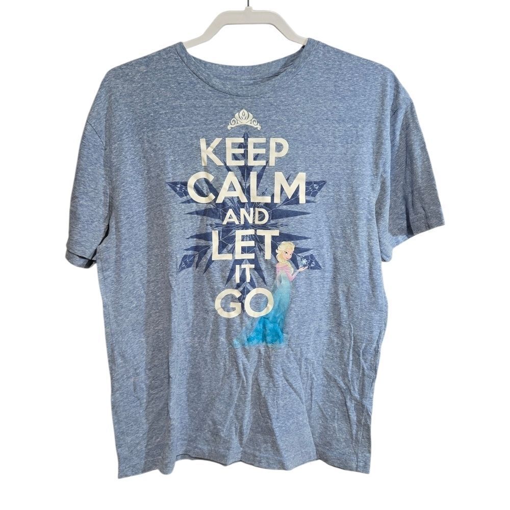 Disney Frozen Blue Graphic T-Shirt “Keep Calm & Let It Go” | Elsa Fan Tee Large